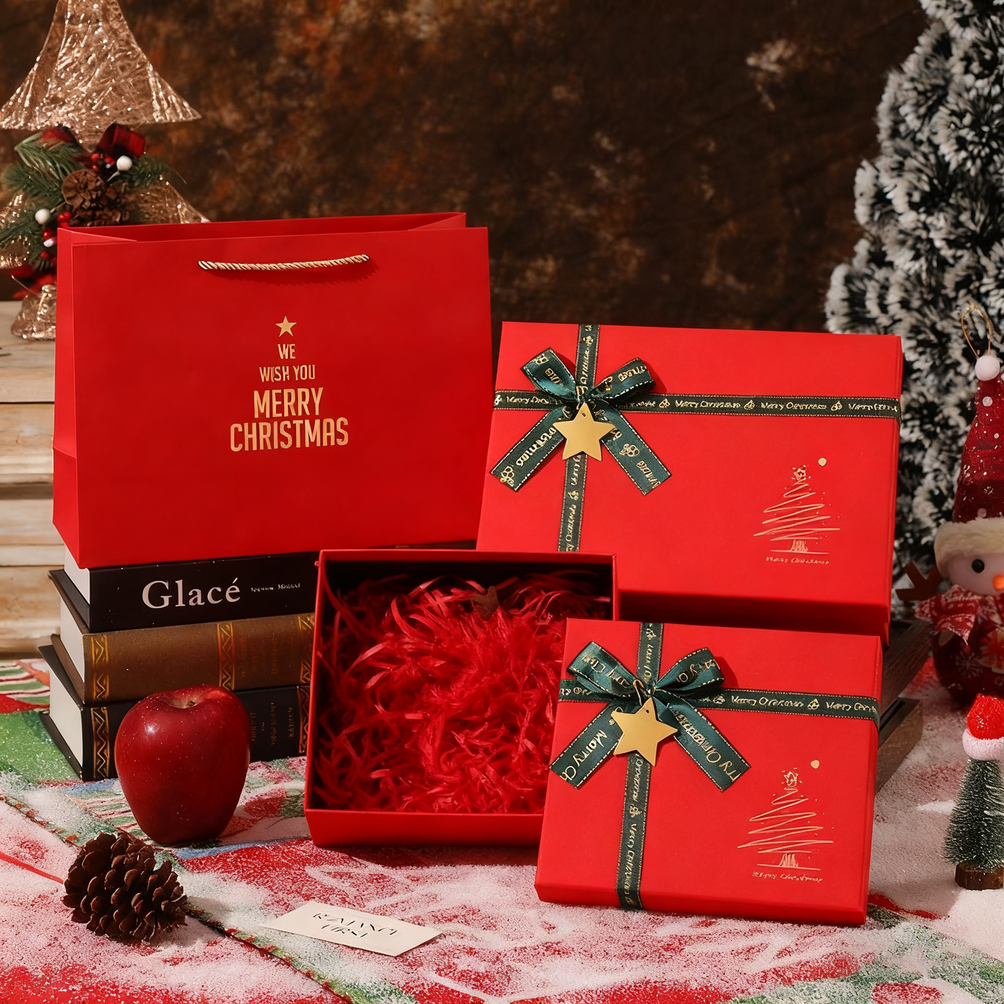 Christmas Gift Box with Lid, Reusable Gift Boxes for Gifts, Includes Greeting Card and Raffia