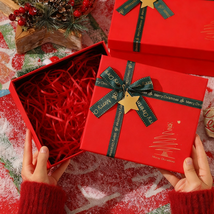 Christmas Gift Box with Lid, Reusable Gift Boxes for Gifts, Includes Greeting Card and Raffia